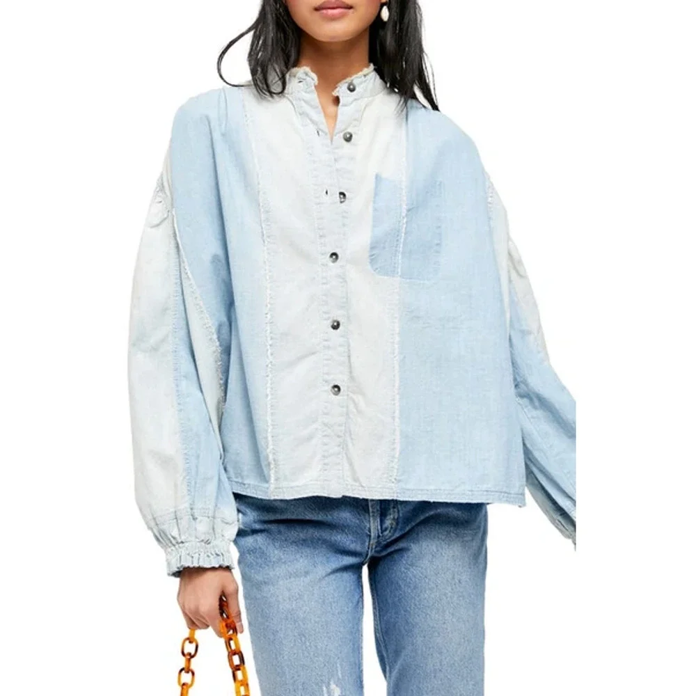 We The Free People Set Sail Denim Top XS Button Shirt Bleached Distressed NWT - Picture 4 of 9